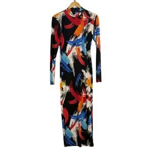 Multi Color Fitted Maxi Dress with High Neck and Long Sleeves